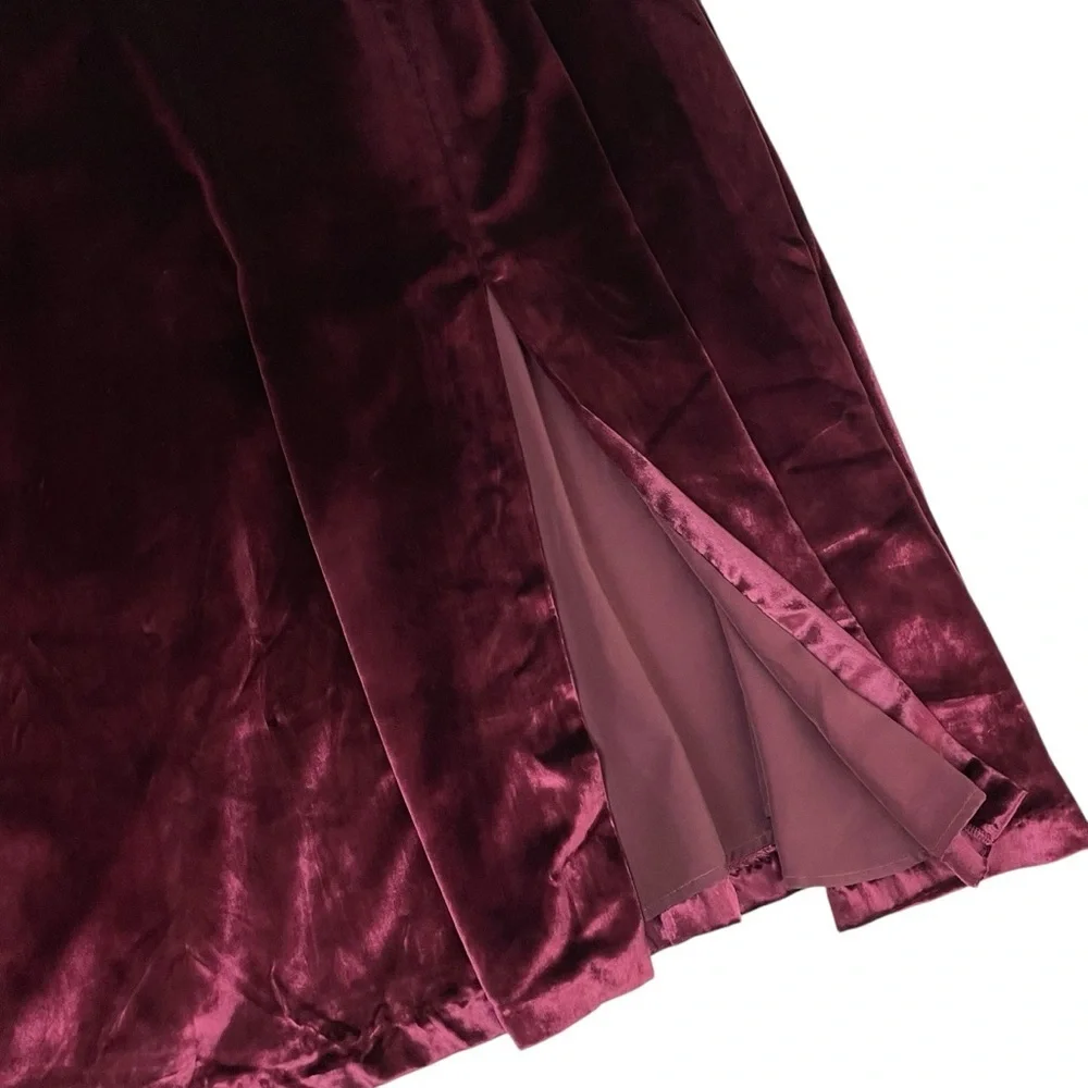 Free People‎ Velvet Party Midi Skirt Front Slit Mulberry Burgundy
